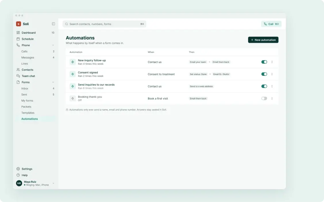 The automations list in Soli: new inquiry follow-up, consent signed and other automations, each switched on or off