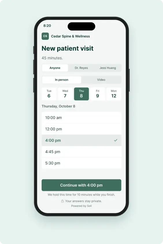 The booking page on their phone with a time picked