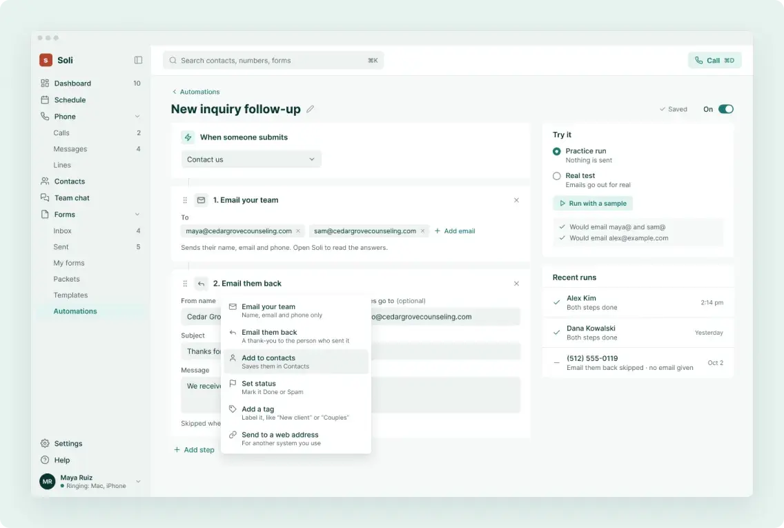 Editing an automation in Soli: when someone submits the contact form, email your team and email them back