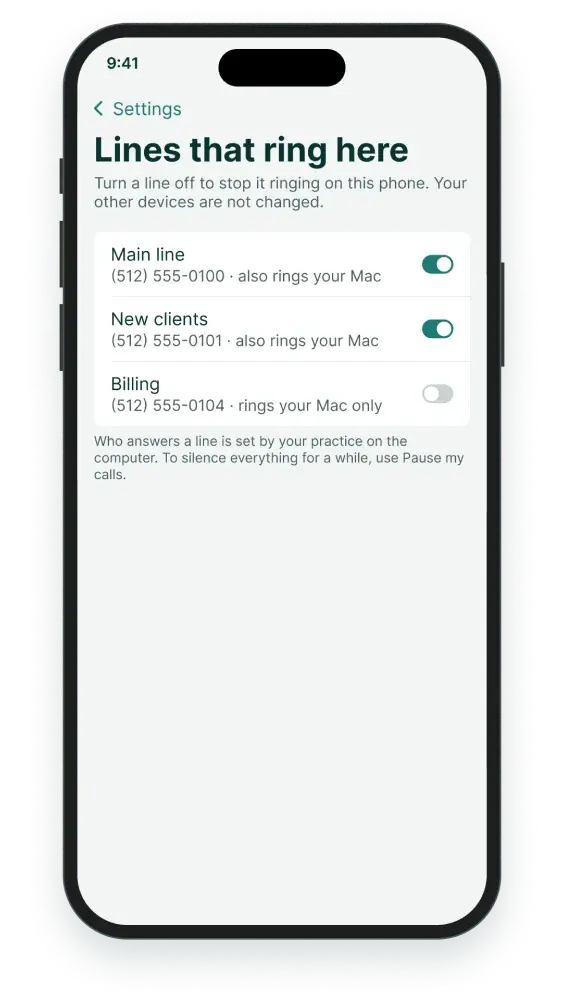 Phone screen: the lines that ring on this phone, with the main line and new clients line turned on