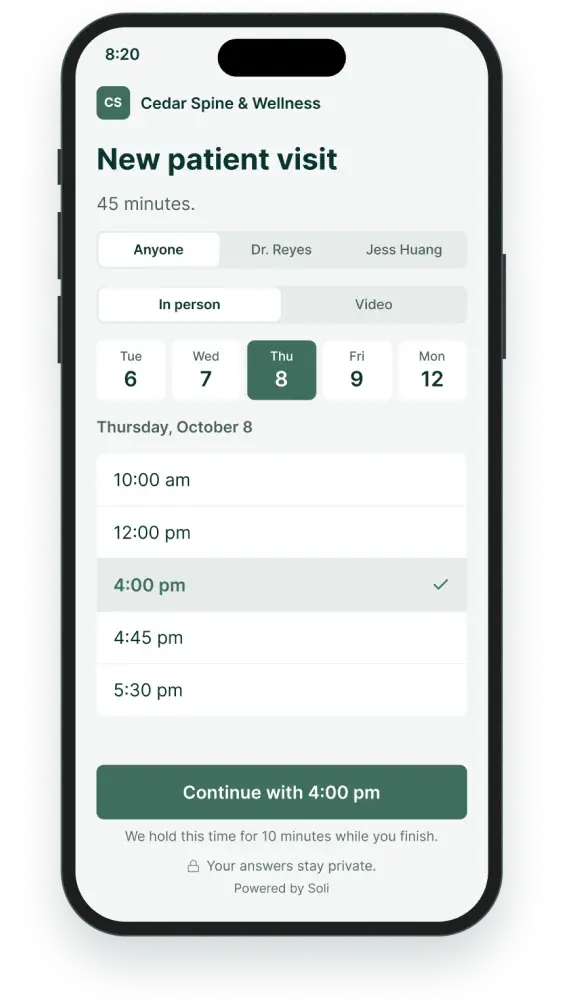 Booking page for a new patient visit with Thursday at 4:00 pm selected