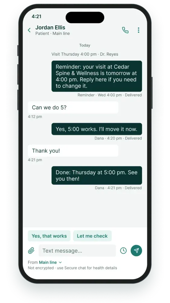 Text thread: a reminder for Thursday, the patient asks for 5:00 and the desk moves the visit