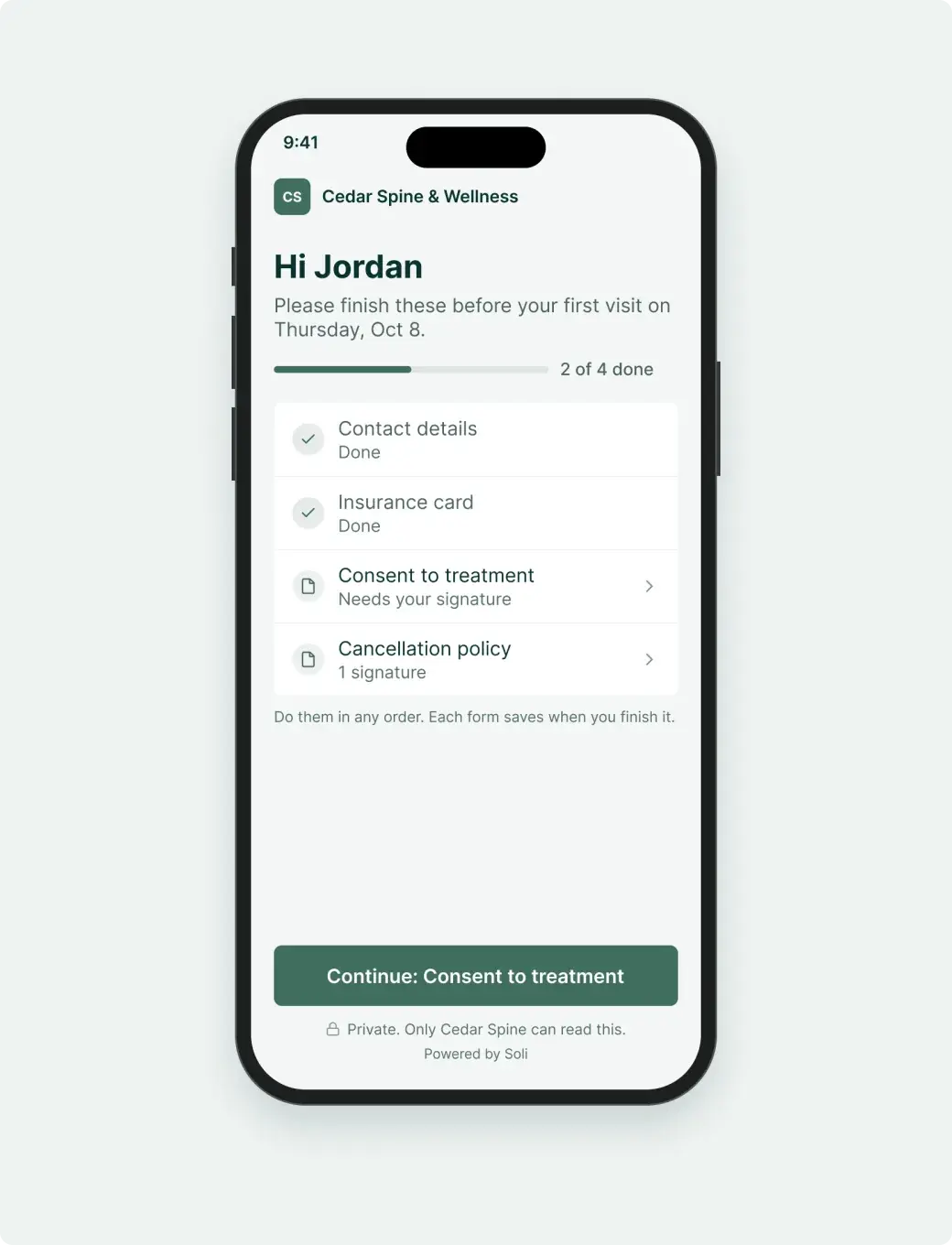 An intake packet open on the client’s phone, 2 of 4 forms done