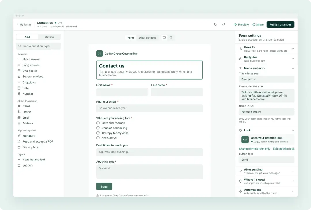 Soli’s form builder with the form’s name and look settings