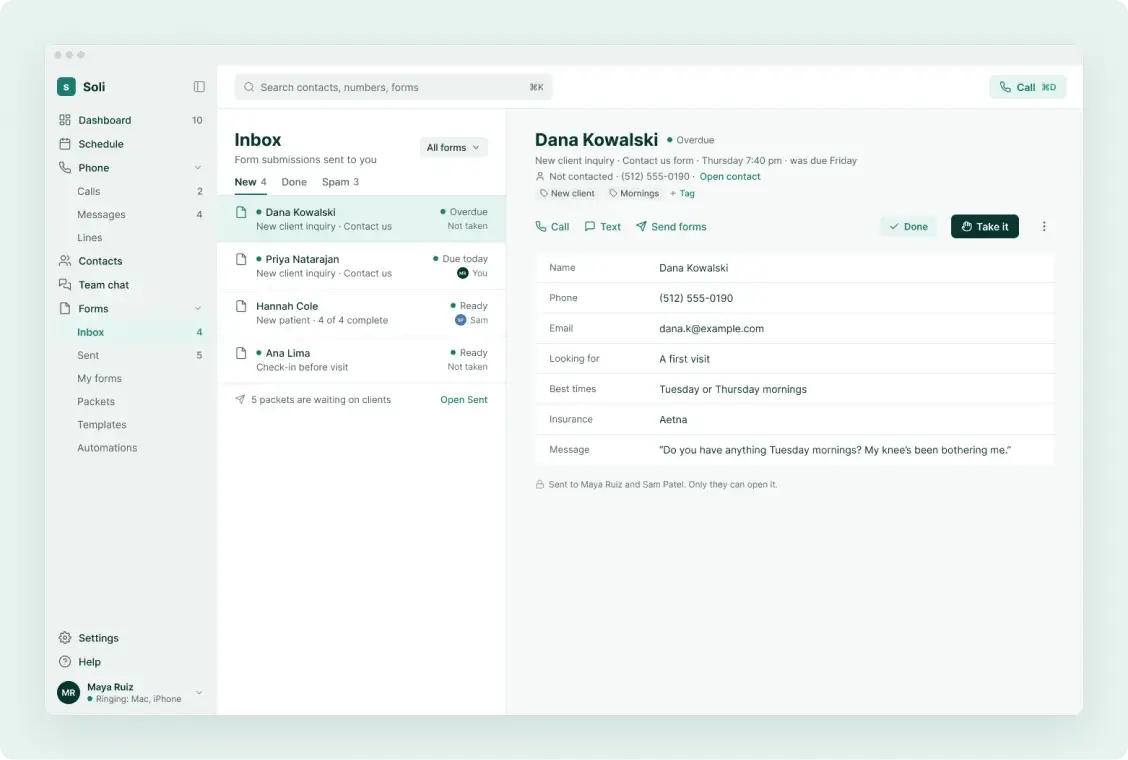 Soli’s forms inbox on the desktop with new submissions