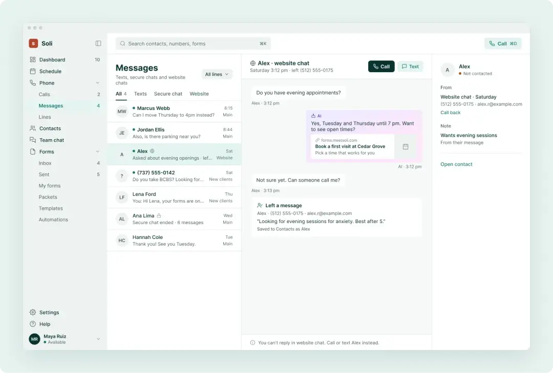 Soli Messages on a computer showing website chats with the whole conversation