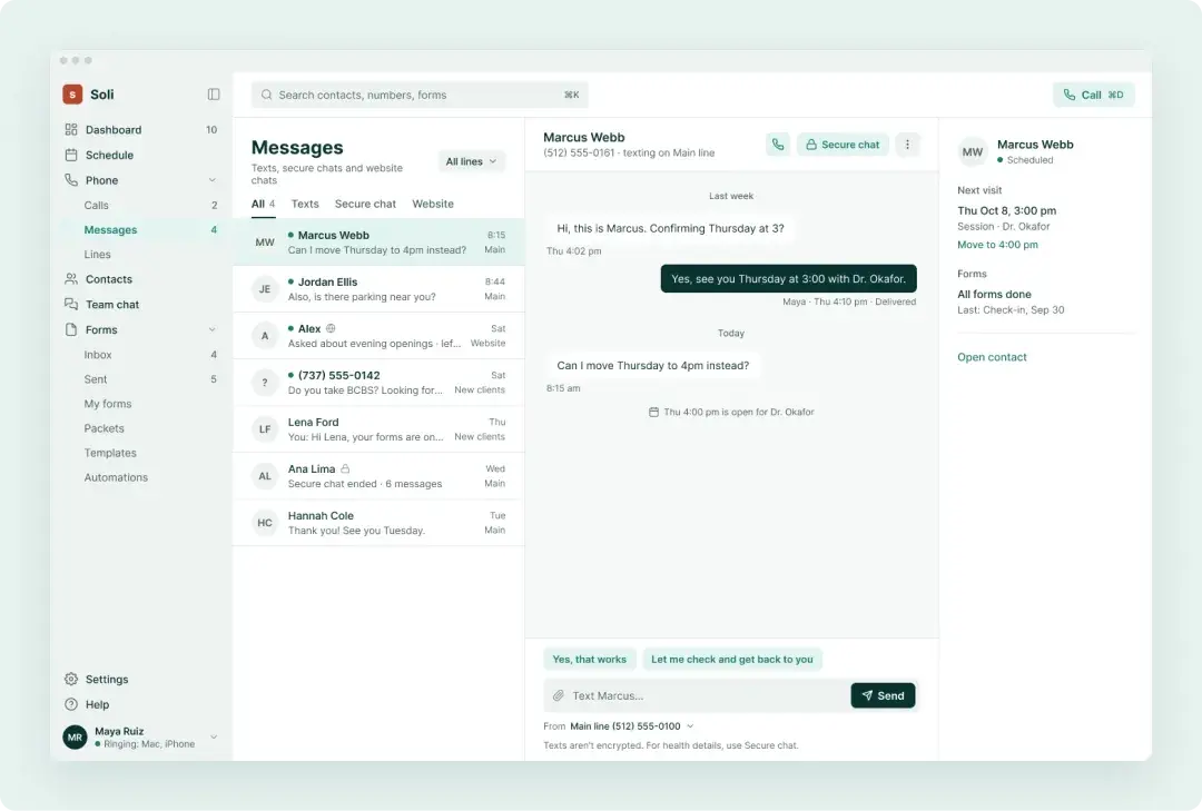Soli Messages on a computer with a secure chat in the list next to texts