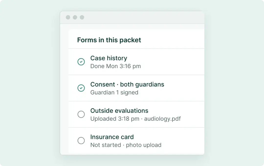 Intake packet progress in Soli, with forms done and an upload received