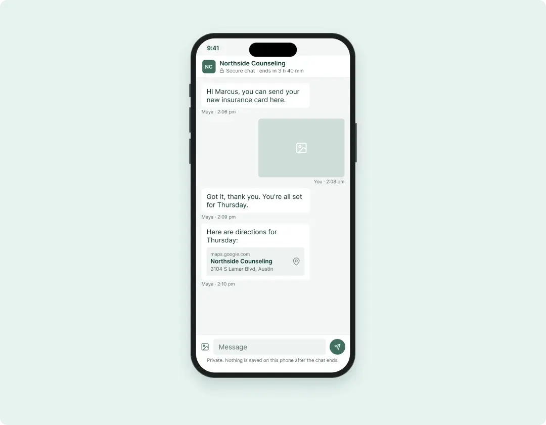 Secure chat open in a client’s phone browser