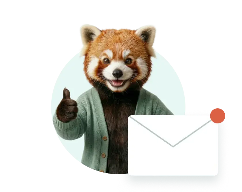 Soli’s red panda giving a thumbs up next to an envelope