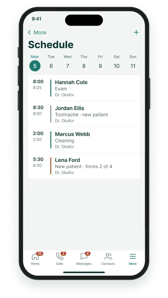 Tomorrow’s schedule with an 8:30 am emergency visit booked