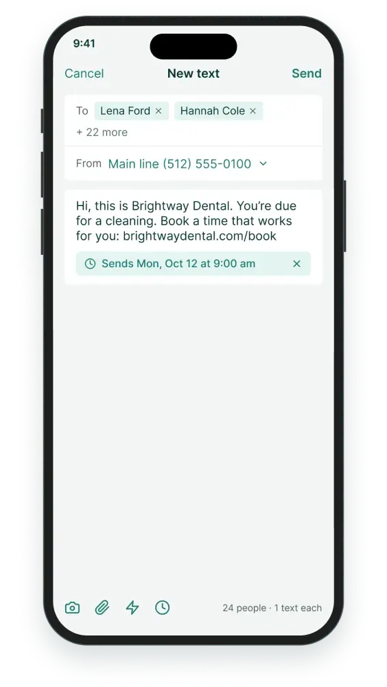A group text to patients due for a cleaning, with a booking link