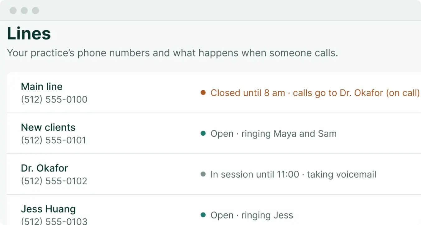 Soli line settings: open hours ring the front desk, closed hours forward to the dentist on call
