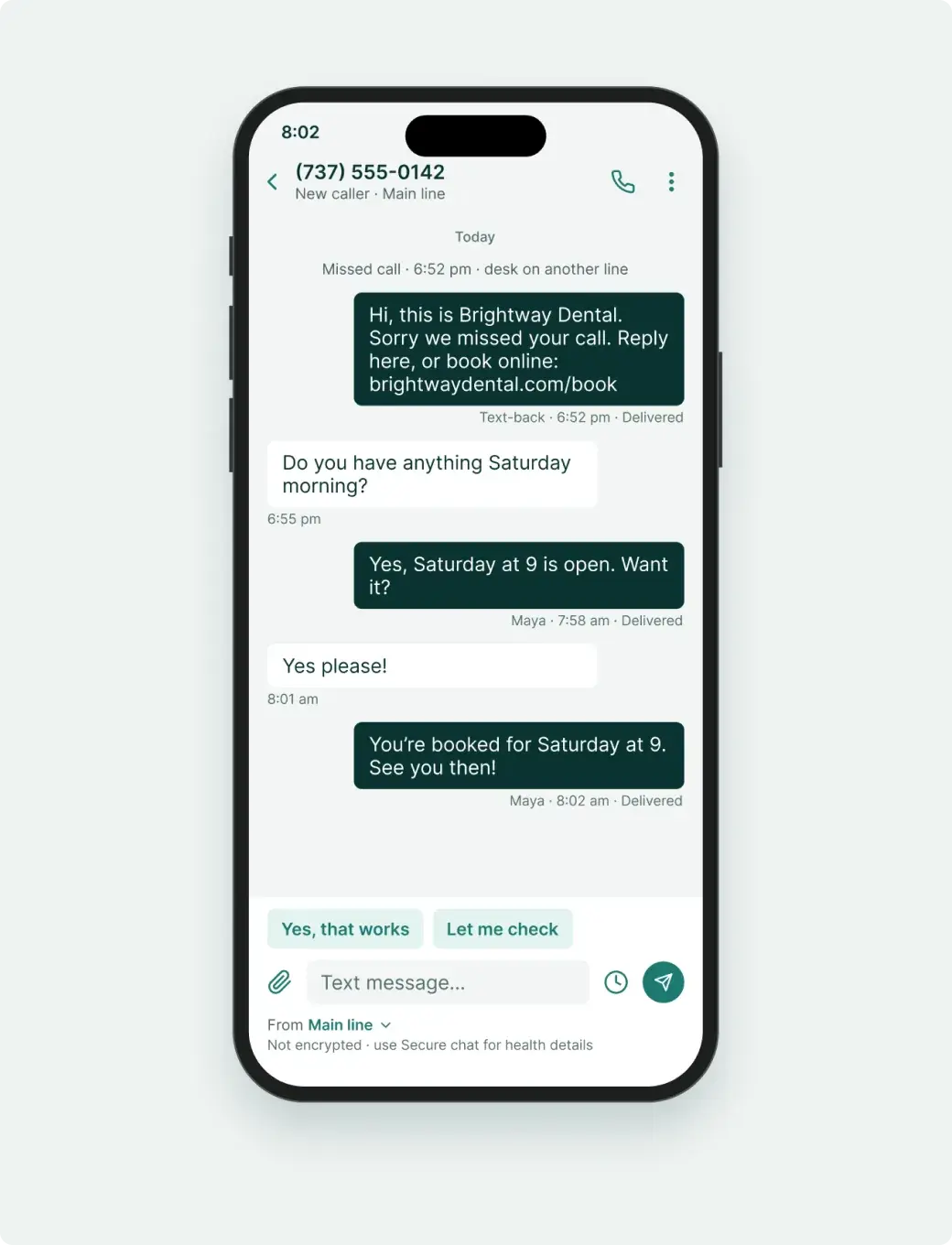 Text-back thread: a missed caller gets a text from the office with a link to book