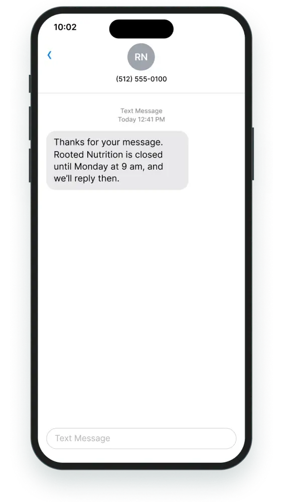 Text thread with an after-hours auto-reply from the practice