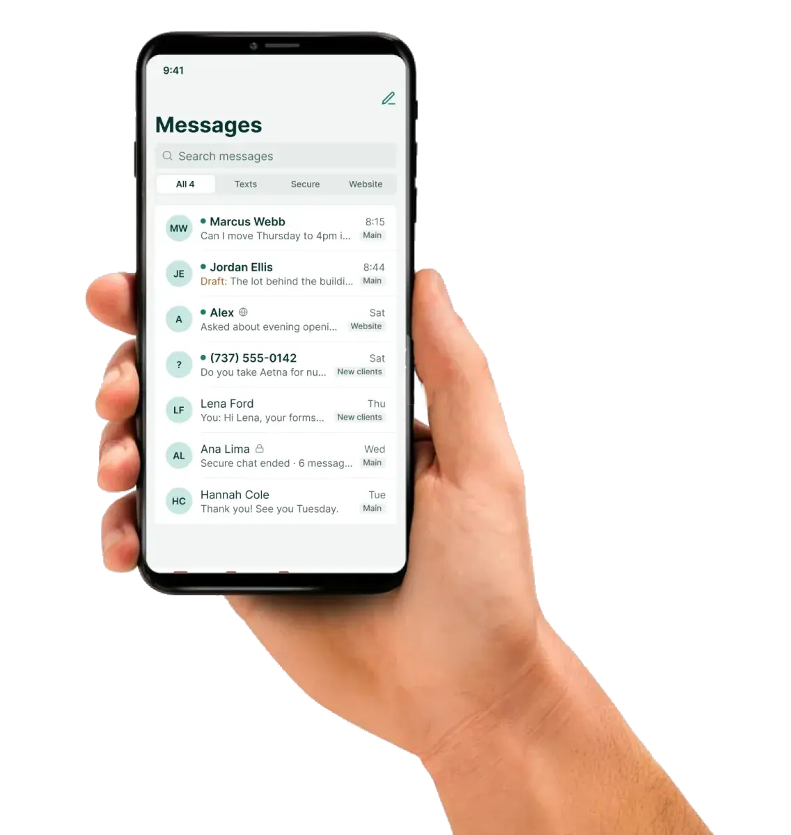A phone showing a client conversation on a Soli practice number