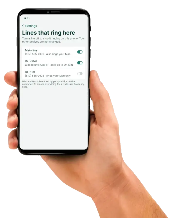 A hand holding a phone showing which practice lines ring on it