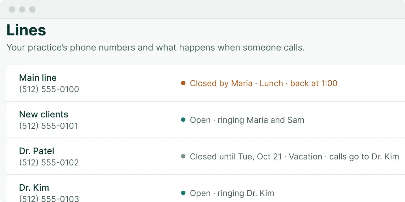 Soli lines for a group: main line, new clients, and each clinician’s line with its status