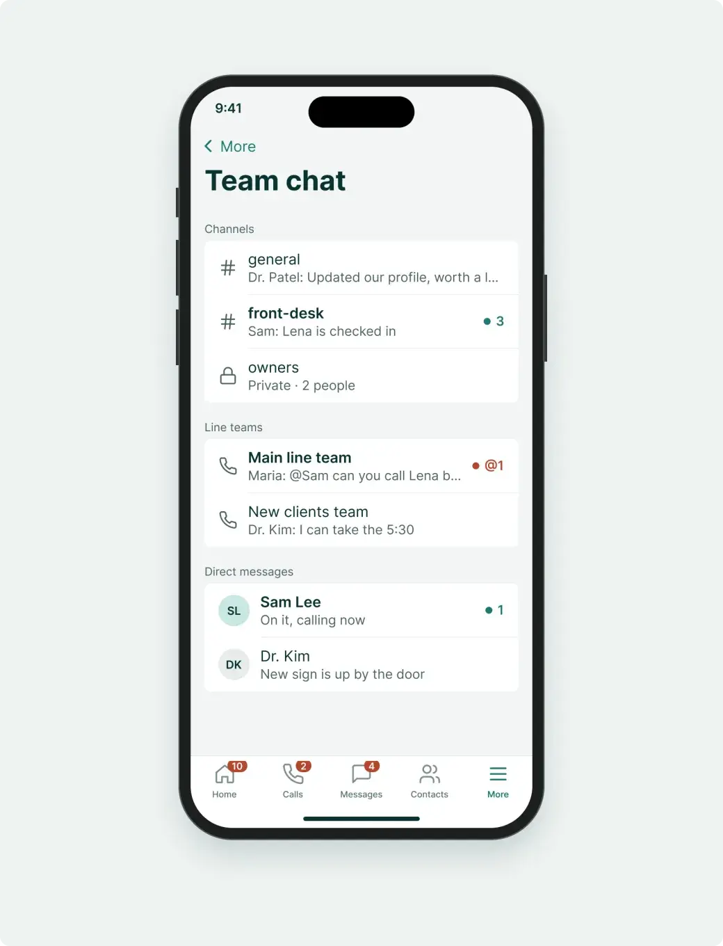 Team chat channels and direct messages in the Soli phone app