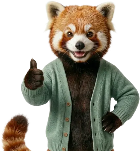 Soli’s red panda in a green cardigan giving a thumbs up