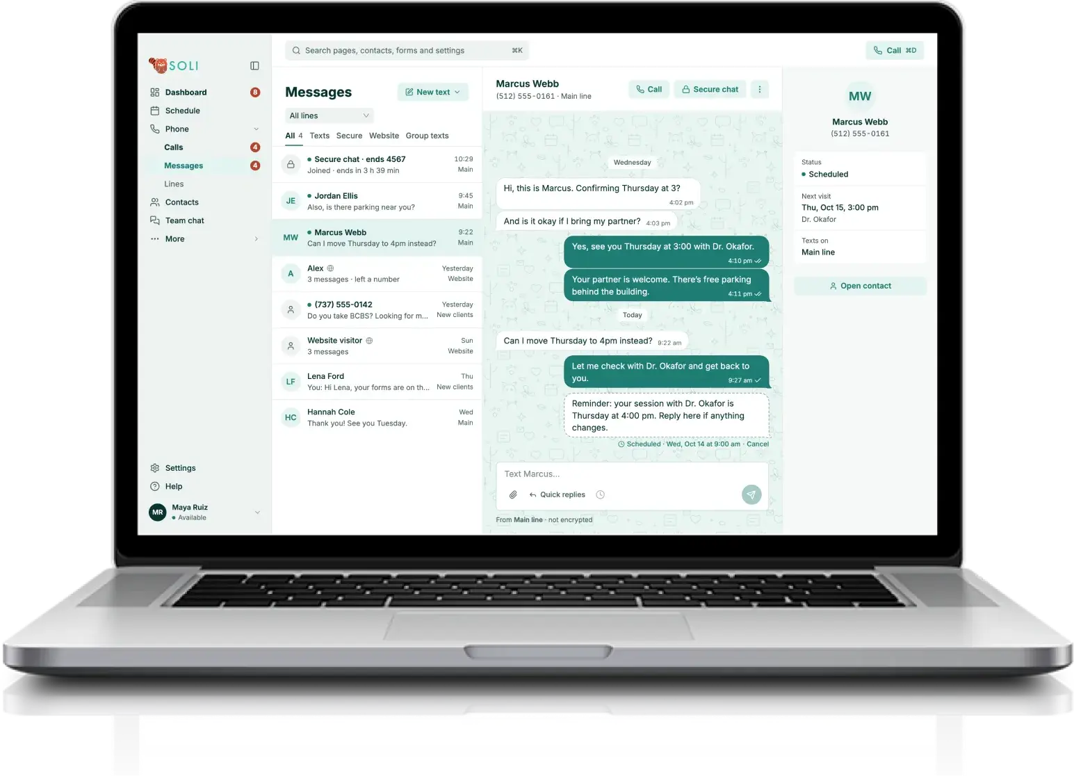 Soli Messages on a laptop, with calls, texts, forms and chats in one inbox