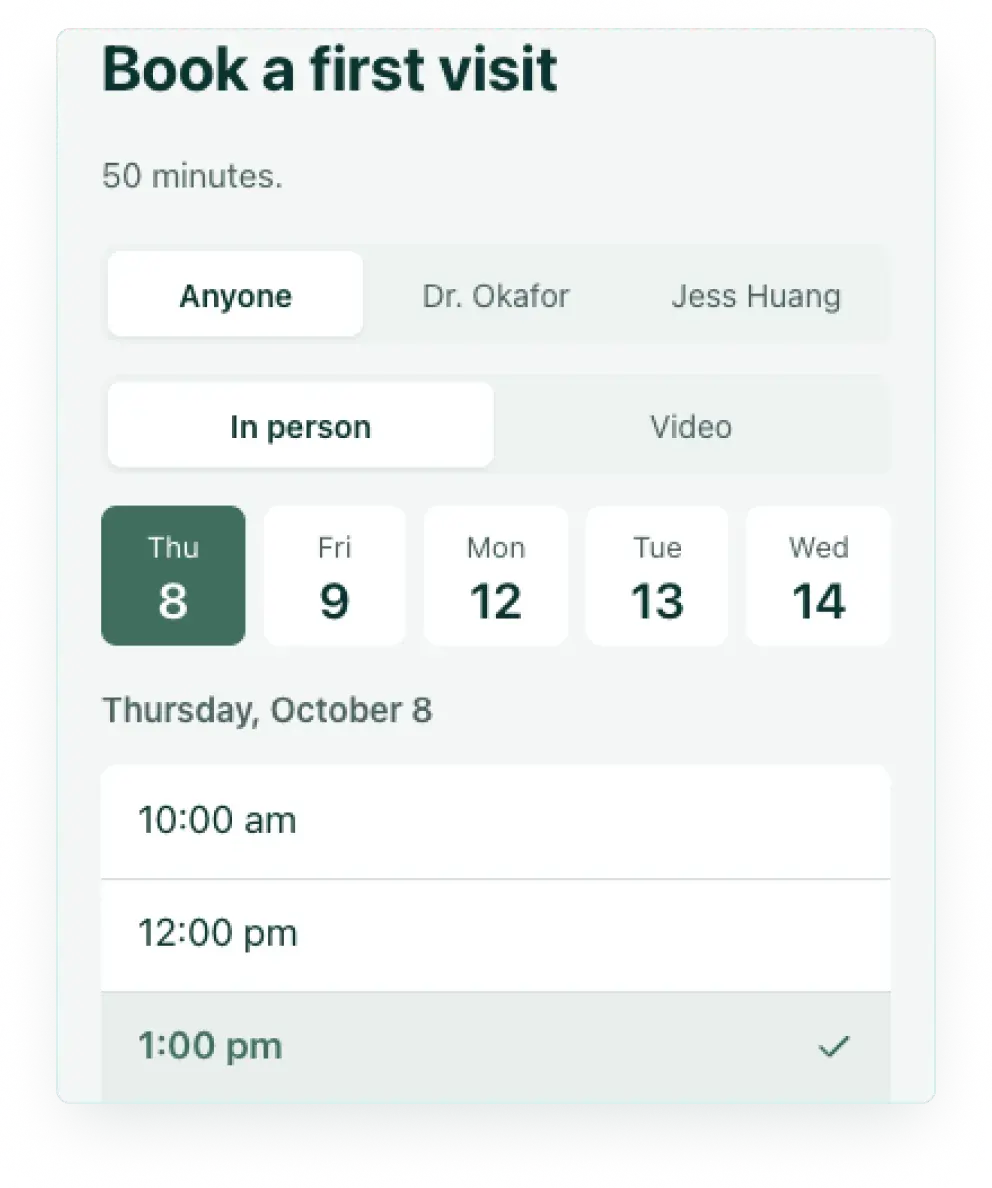 A Soli booking page: book a first visit with any clinician or one you choose, in person or by video, at an open time