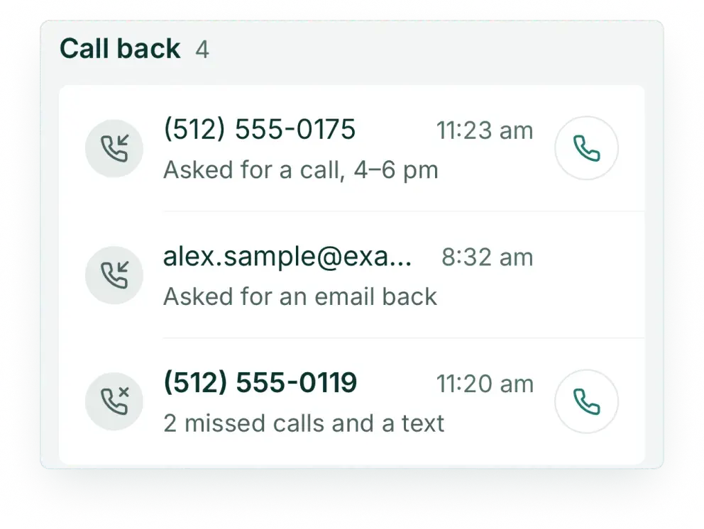 The call back list in Soli: callback requests and missed calls waiting for your team
