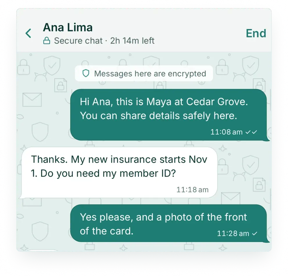 A Soli secure chat: the practice and a patient share insurance details in an encrypted chat with 2 hours left