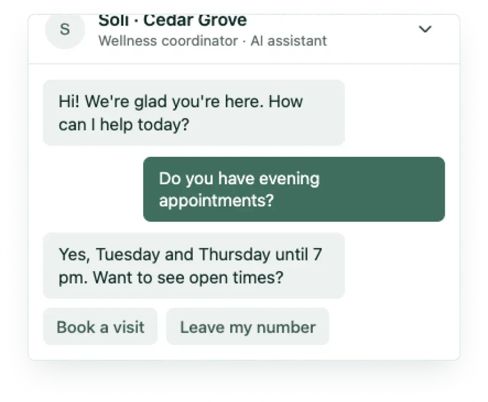 Soli website chat answering a visitor’s question about evening appointments, with Book a visit and Leave my number
