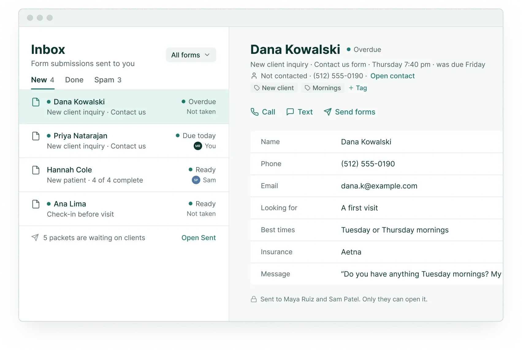 The Soli forms inbox on a computer: new client inquiries and packets, with one inquiry open showing the client’s details
