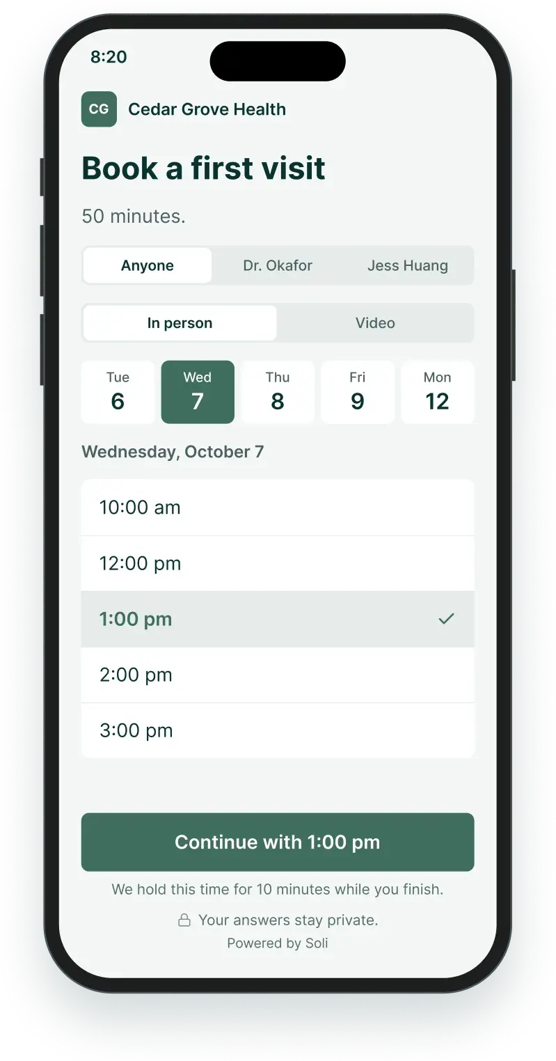 The booking page on the client’s phone: a first visit on Wednesday at 1:00 pm, held while they finish