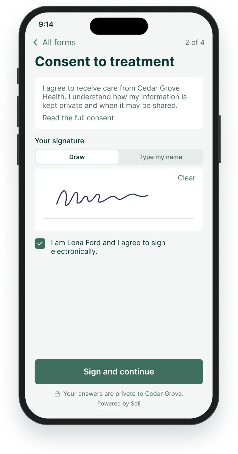 The consent form signed on the client’s phone
