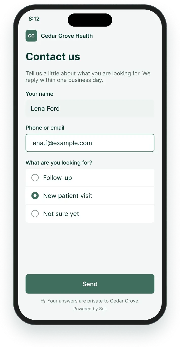 The practice’s contact form on a phone, filled in by a new client asking for a new patient visit
