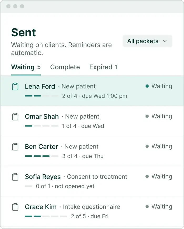 The Sent list on the practice computer: packets waiting on clients, with reminders going out automatically