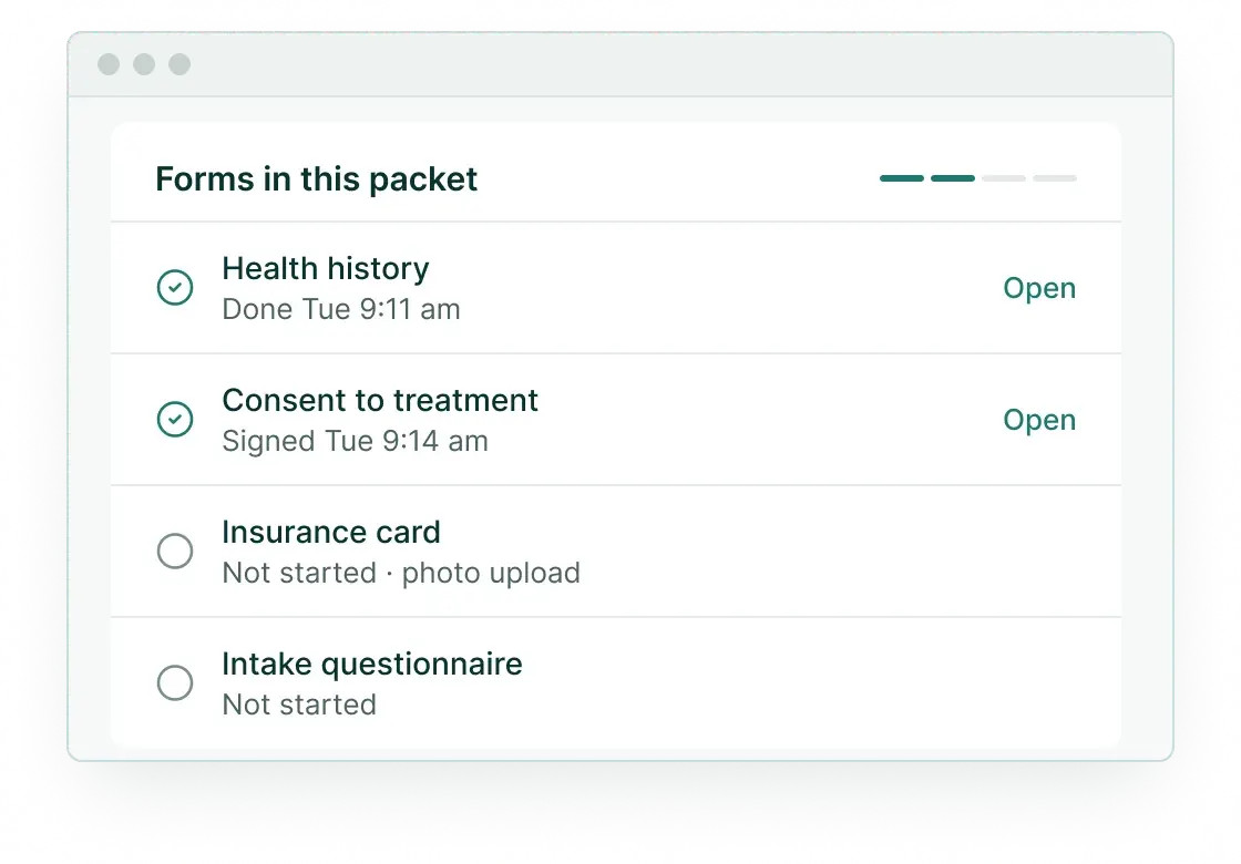 Packet progress on the practice computer: health history done, consent signed at 9:14 am