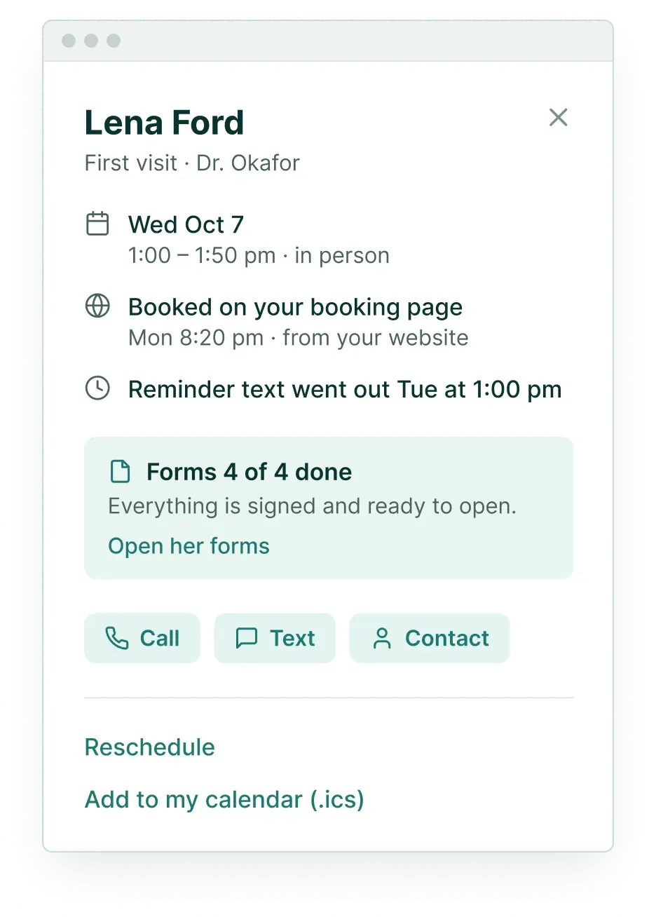 A booked first visit on the practice schedule: booked on the booking page, with a reminder sent