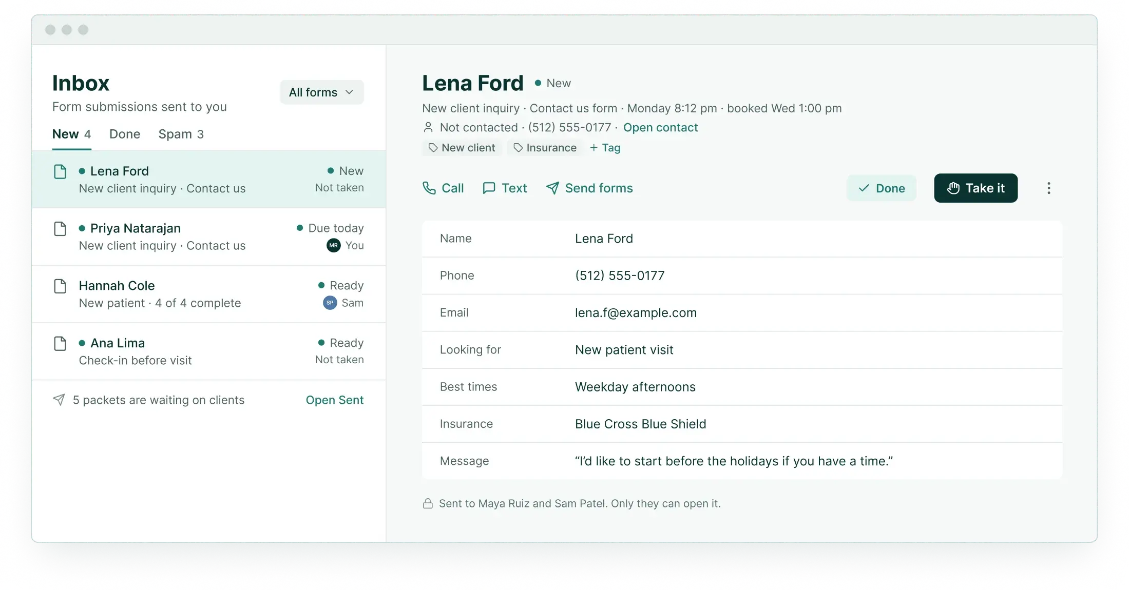 The forms inbox with the new client’s inquiry open, ready to send them forms