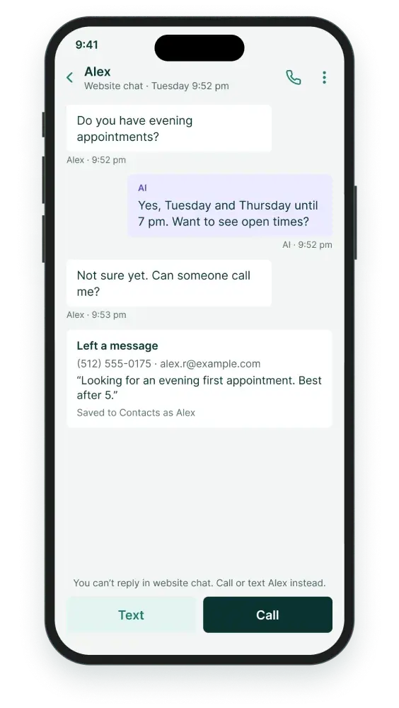The website chat saved in Soli, with the visitor’s message and number