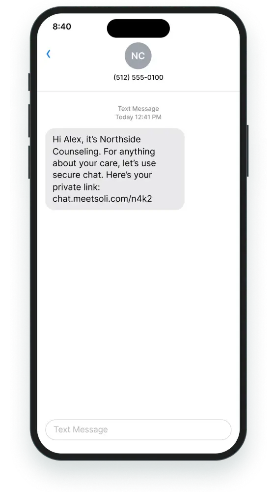 A text from the practice with a private link to a secure chat