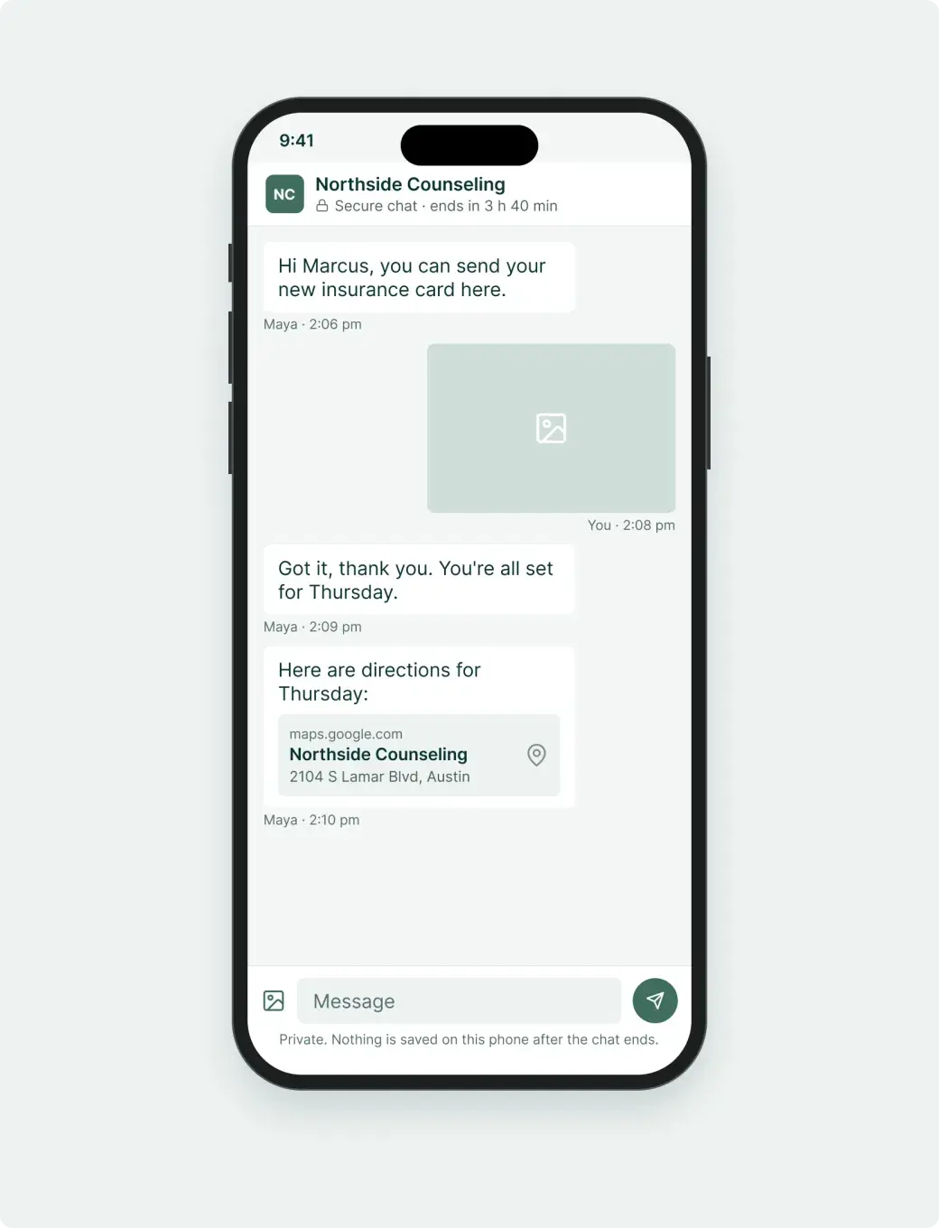 Secure chat between a client and the practice on a phone