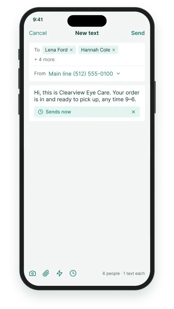 A group text saying “Your order is in” sent to six patients