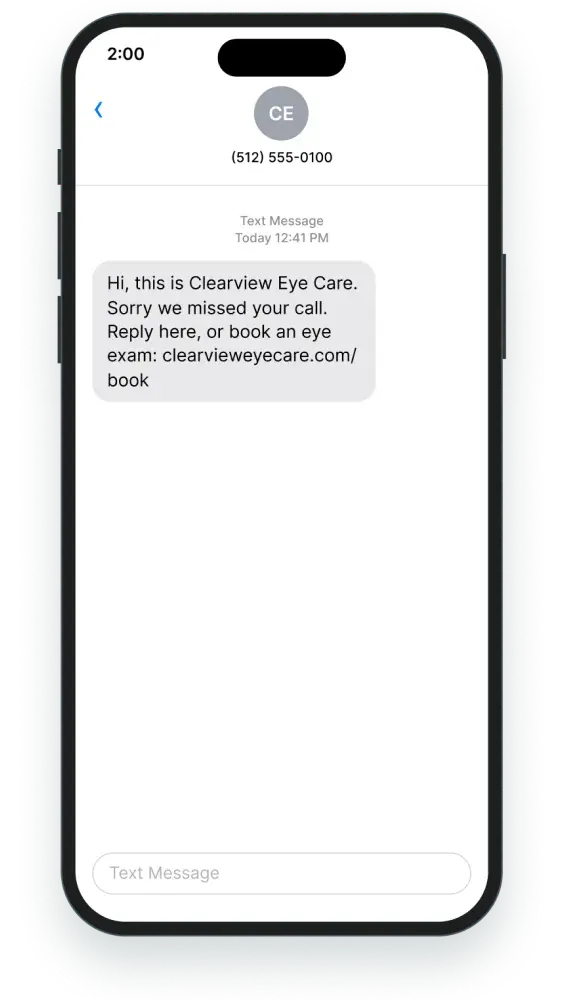 Text-back message to a missed caller with a link to book an exam