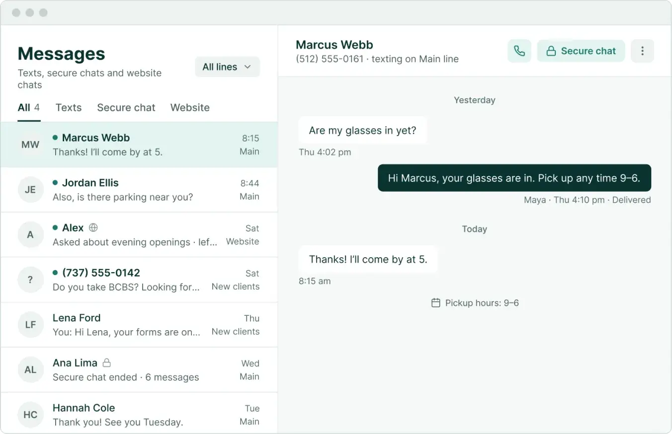 Soli messages on the desktop: a group text telling patients their order is in