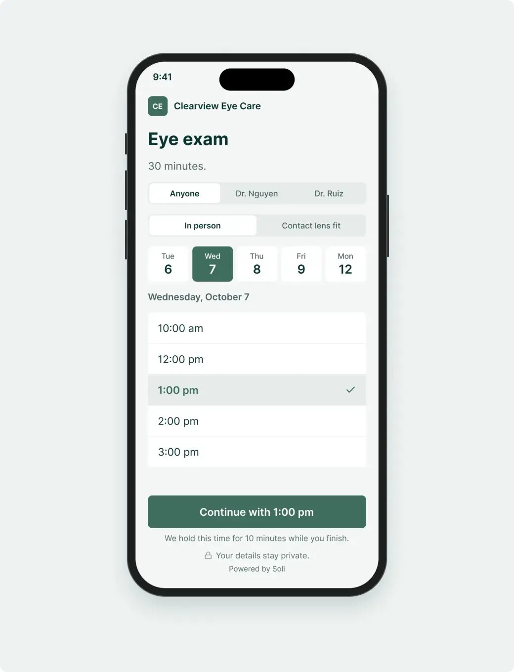 Eye exam booking page on a patient’s phone