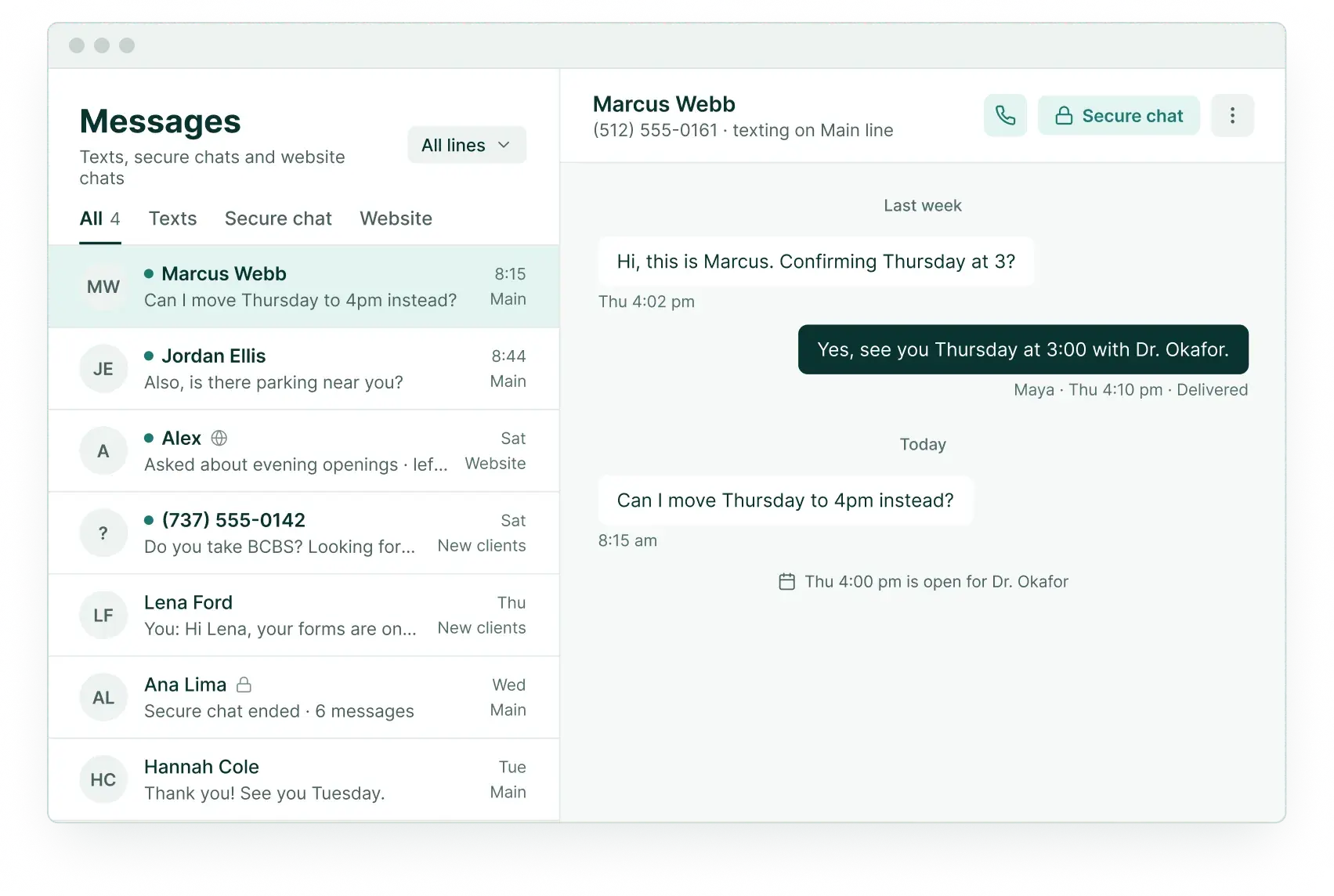 Soli Messages on a computer: texts, secure chats and website chats from patients in one list, with a conversation open