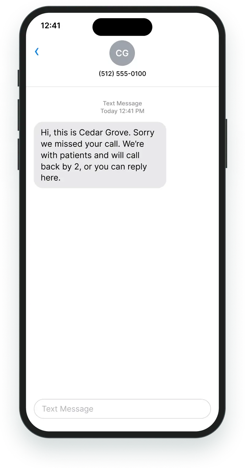 The caller’s phone at 12:41 with a text from the practice: sorry we missed your call, we’ll call back by 2, or reply here