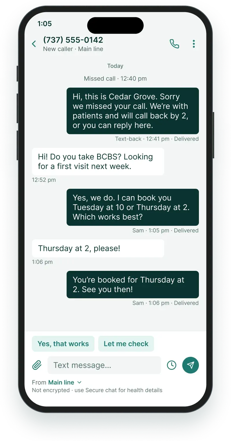 A team member’s phone at 1:05 replying to the caller and booking them for Thursday at 2