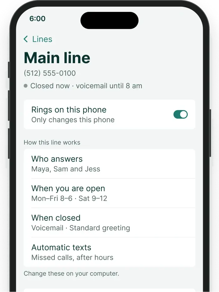 The Soli phone app at 6:00: the main line is closed and calls go to voicemail until 8 am