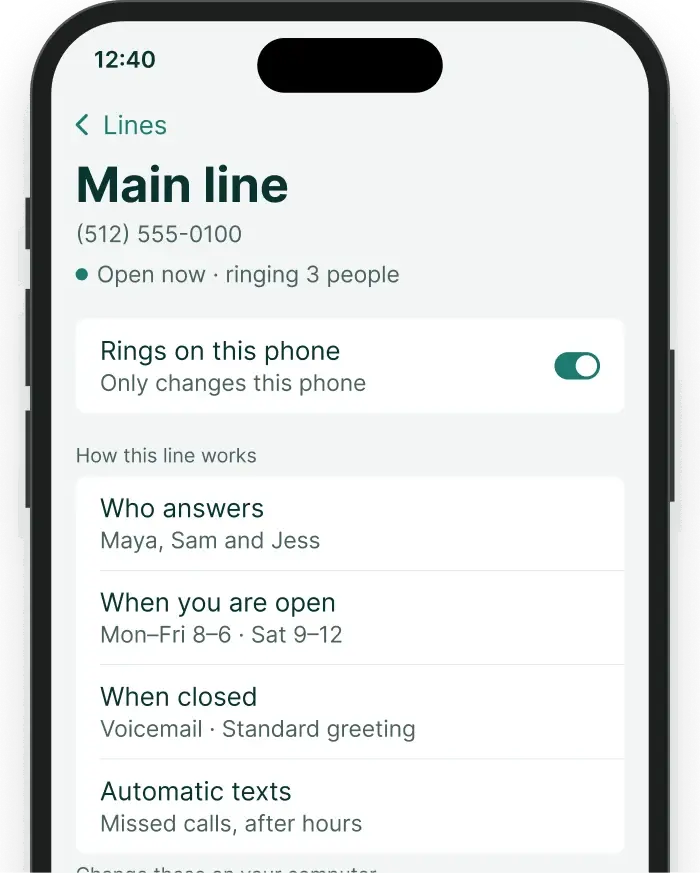 The Soli phone app at 12:40: the main line is open and ringing 3 people, Maya, Sam and Jess