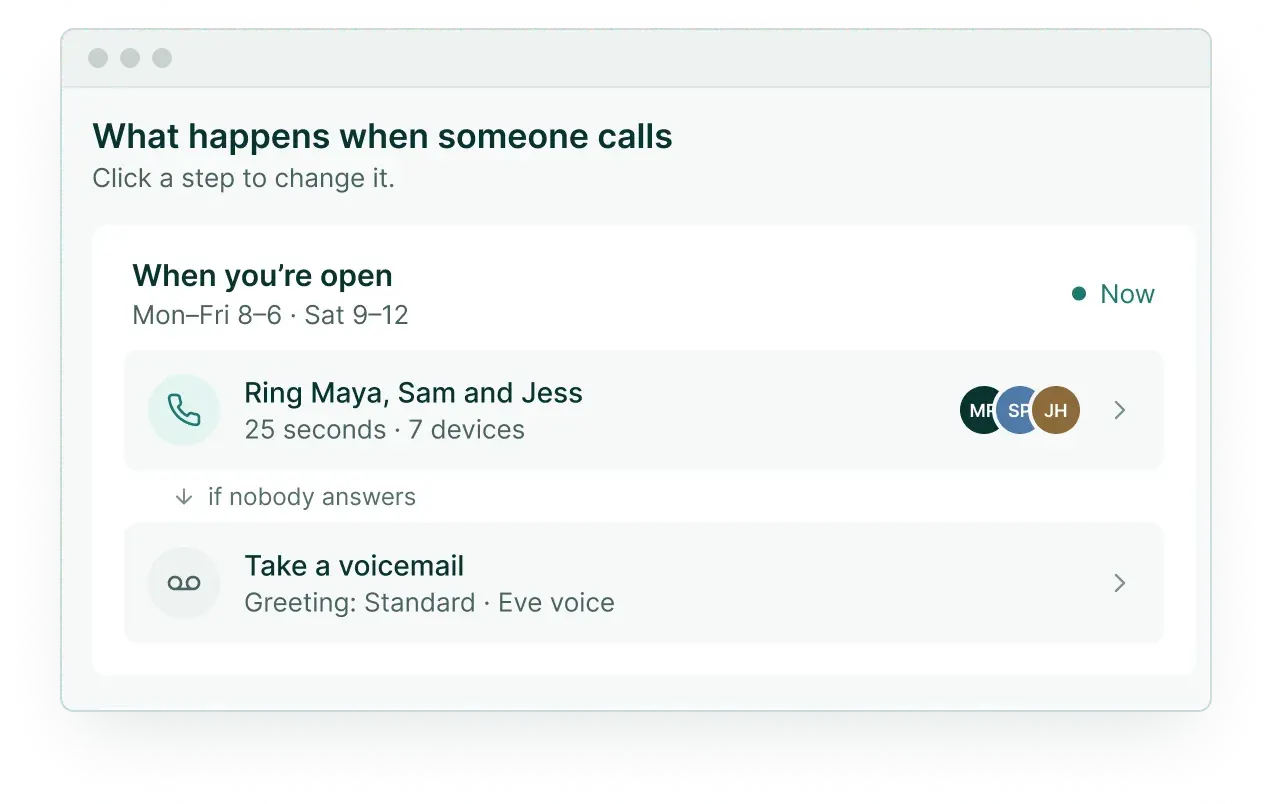 Soli line settings, when you’re open: ring Maya, Sam and Jess for 25 seconds on 7 devices, then take a voicemail